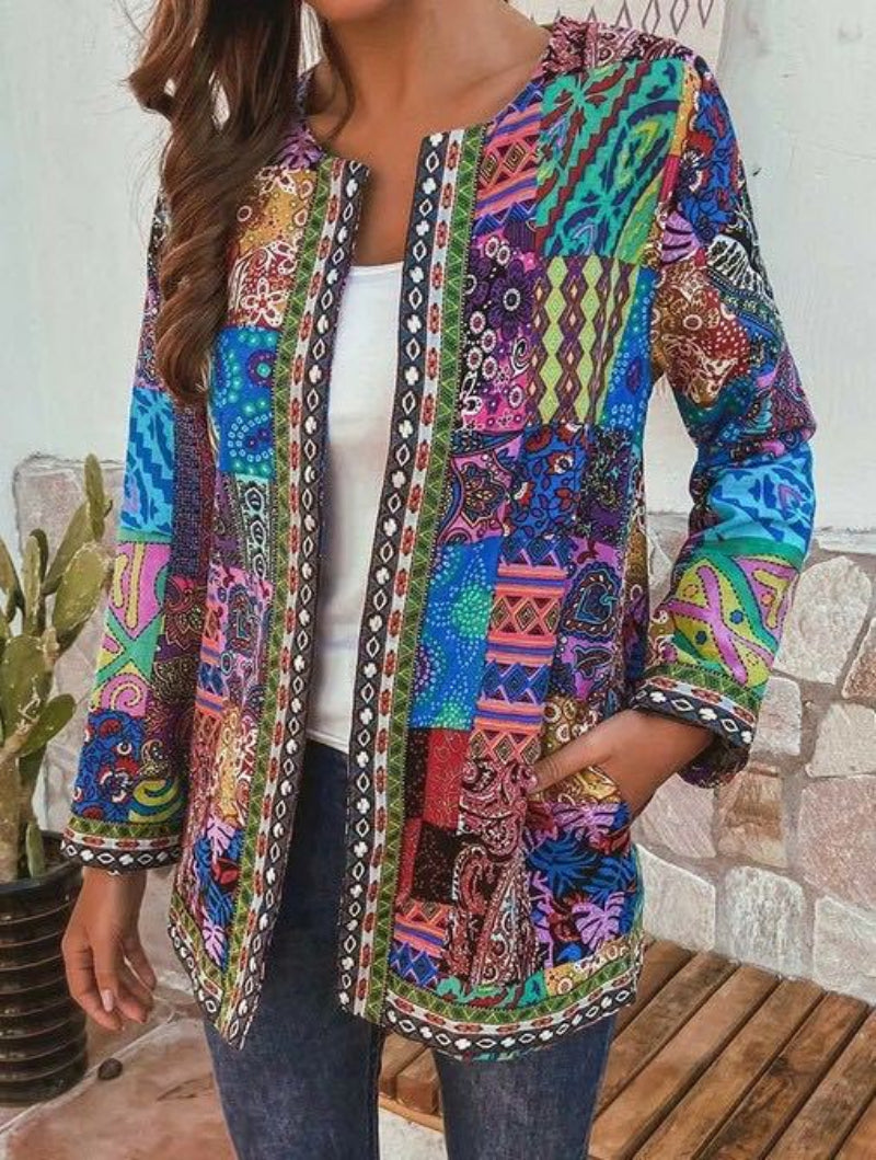 Abstract Colorful Retro-Inspired Knitted Cardigan for Women