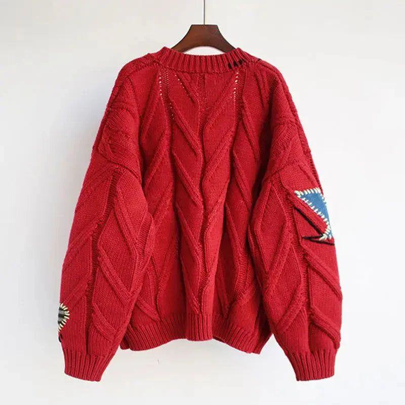 CozyKnit Knitted V-Neck Cardigan for Women with Patchwork Embroidery