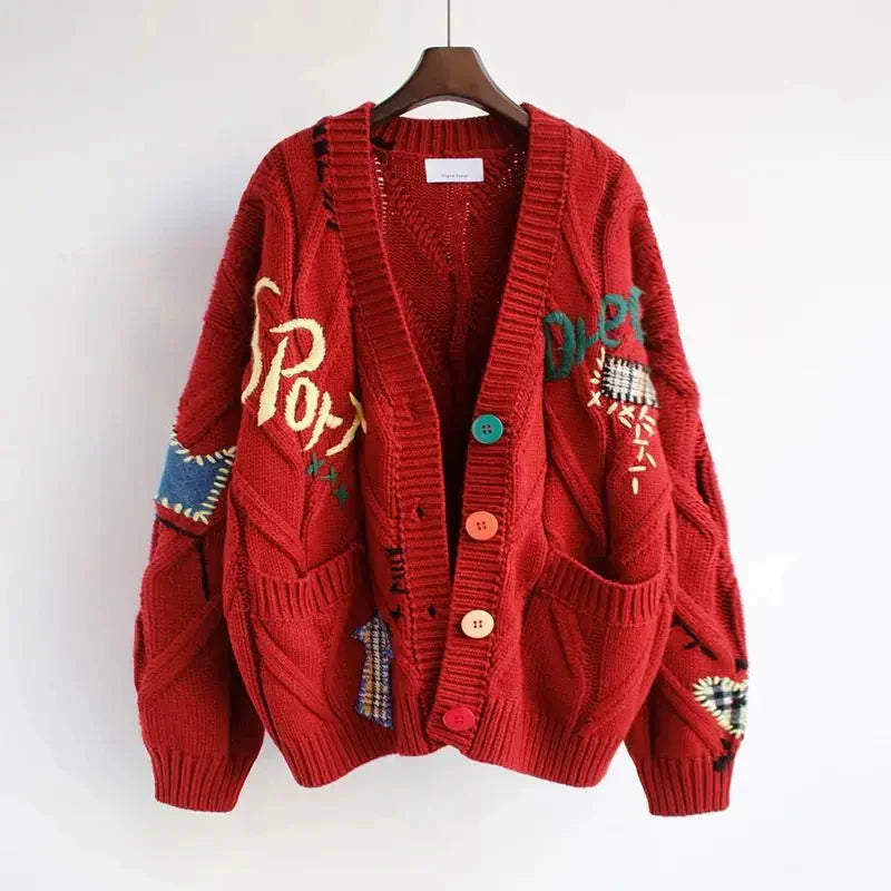 CozyKnit Knitted V-Neck Cardigan for Women with Patchwork Embroidery