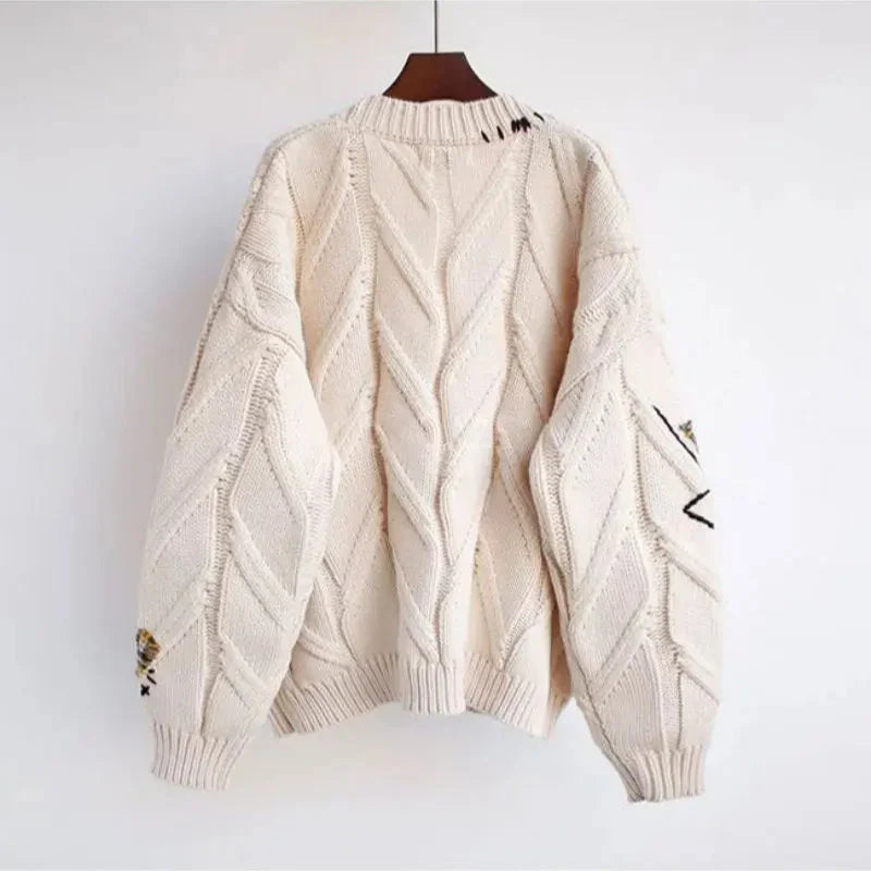 CozyKnit Knitted V-Neck Cardigan for Women with Patchwork Embroidery