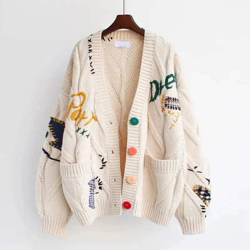 CozyKnit Knitted V-Neck Cardigan for Women with Patchwork Embroidery