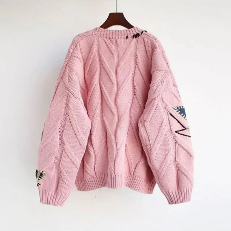 CozyKnit Knitted V-Neck Cardigan for Women with Patchwork Embroidery