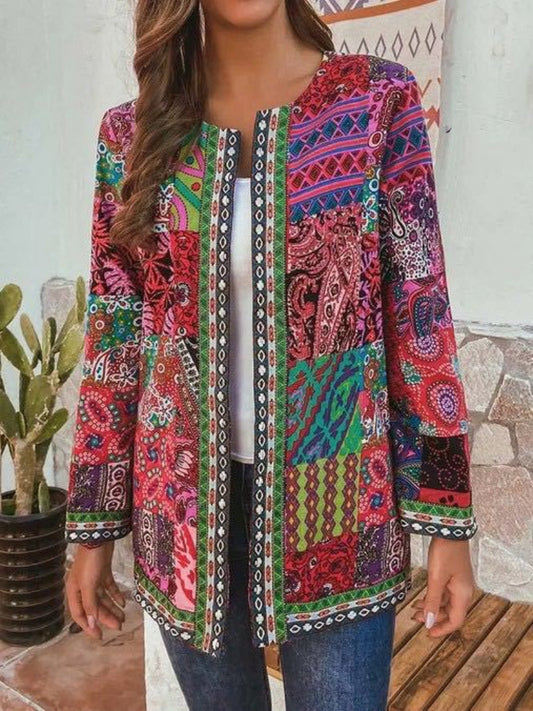Abstract Colorful Retro-Inspired Knitted Cardigan for Women
