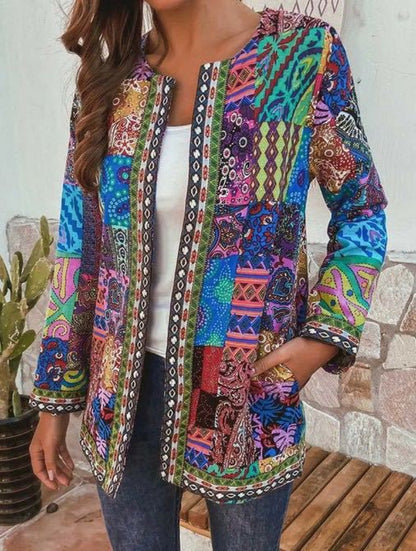 Abstract Colorful Retro-Inspired Knitted Cardigan for Women