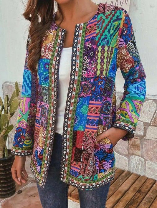 Abstract Colorful Retro-Inspired Knitted Cardigan for Women