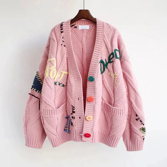 CozyKnit Knitted V-Neck Cardigan for Women with Patchwork Embroidery