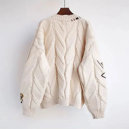 CozyKnit Knitted V-Neck Cardigan for Women with Patchwork Embroidery