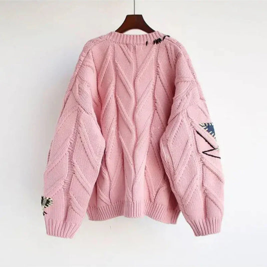 CozyKnit Knitted V-Neck Cardigan for Women with Patchwork Embroidery